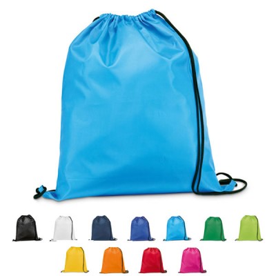 Sac à dos publicitaire pas cher personnalisé en nylon à cordelettes coloris : bleu blanc noir vert orange rouge rose jaune bleu marine vert clair