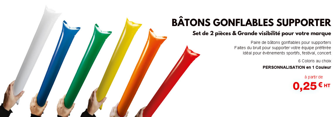 Bâton gonflable supporter personnalisé publicitaire pas cher coloris bleu vert jaune rouge blanc orange