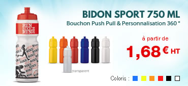 Bidon sport personnalisé 750 ml Grande contenance Coloris : noir, blanc, jaune, orange, rouge, bleu Gourde publicitaire plastique club sportif