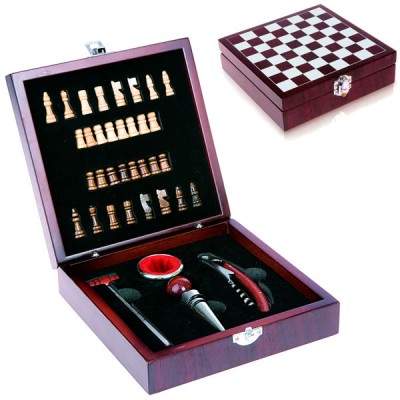 Coffret en bois jeu d'échec avec 4 accessoires vin personnalisé publicitaire