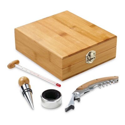 Coffret cadeau en bois avec 4 accessoires vin tire-bouchon collier thermomètre et bouchon en métal