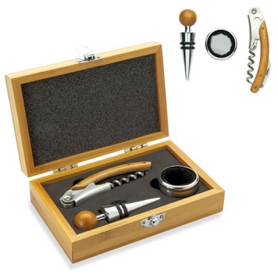 Coffret bois bambou avec 3 accessoires vin tire-bouchon collier anti-goutte et bouchon vin en métal personnalisé publicitaire