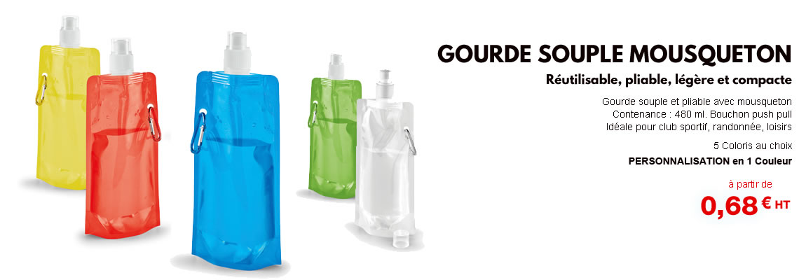 Gourde souple personnalisable publicitaire pas cher Coloris : blanc bleu vert jaune rouge