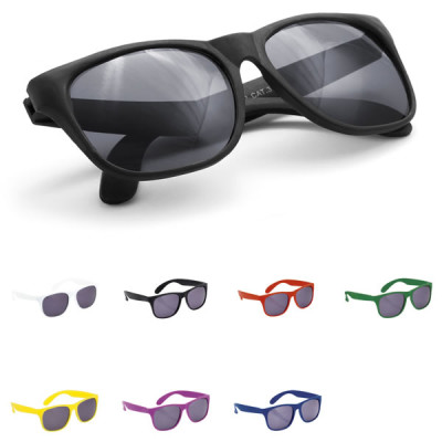 Lunettes de soleil personnalisée pas cher en plastique coloris : blanc noir bleu vert jaune orange rouge violet personnalisable sur la branche