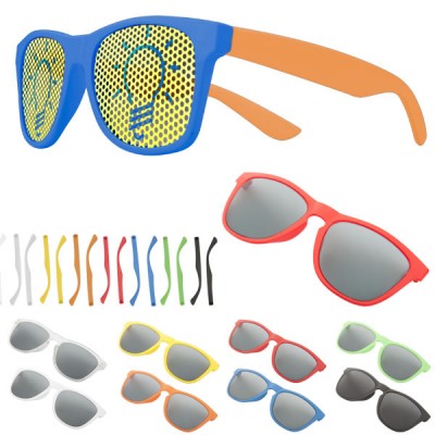 Lunettes sur mesure publicitaire personnalisée verre ou branche coloris : bleu noir blanc transparent jaune orange rouge vert