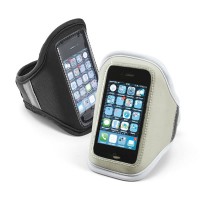 Brassard iPhone et smartphone universel personnalisé publicitaire coloris : noir , gris. Brassard téléphone portable pas cher idéal pour jogging et sport