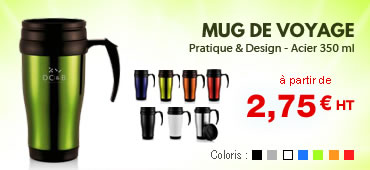 Mug de voyage personnalisé publicitaire. Coloris : noir, blanc, bleu orange, rouge, métal argenté. Travel mug personnalisable 350 ml