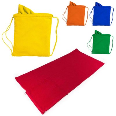 Serviette de plage ou piscine personnalisé publicitaire, pliable en sac à dos, coloris bleu, vert, jaune, orange, rouge