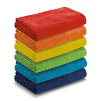 Serviette de plage personnalisable publicitaire, coloris : bleu marine, bleu, vert, jaune, orange, rouge. Serviette microfibre publicitaire