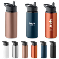 Gourde avec poignée et paille en métal personnalisée avec logo et texte par gravure ou impression. Bouteille Spot