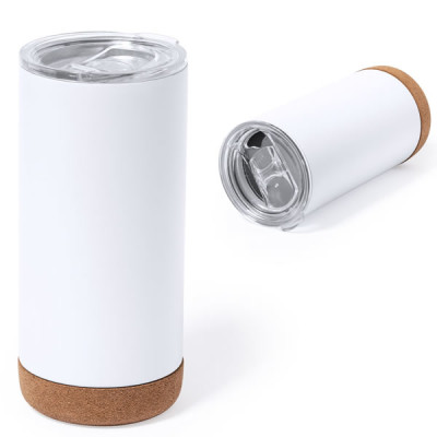 Grand mug isotherme métal blanc mat base liège personnalisable