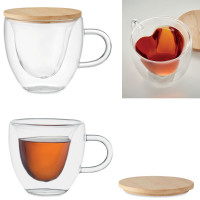 Tasse en verre personnalisable logo entreprise avec couvercle en bambou