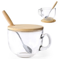 Tasse en verre avec couvercle en bambou et cuillère en métal et bambou personnalisable logo publicitaire