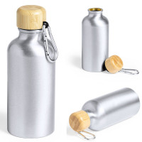 Gourde personnalisable en aluminium avec bouchon en bambou et mousqueton pour l'accrocher