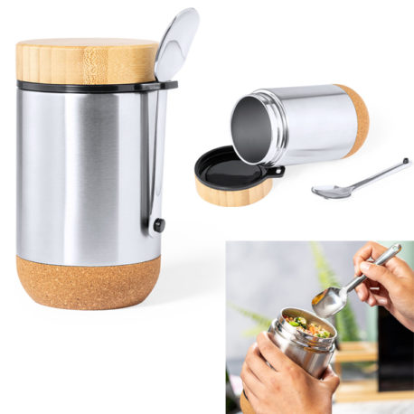 Lunch box avec cuillère à double paroi en acier et couvercle bambou. Boîte à repas personnalisée.