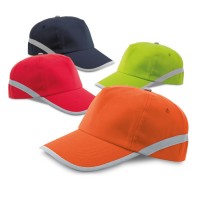 Casquette publicitaire personnalisable avec bade réfléchissante coloris : bleu rouge vert orange