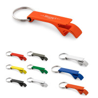 Porte-clés décapsuleur publicitaire personnalisé en aluminium coloré : argent, noir, bleu, vert, jaune, orange, rouge