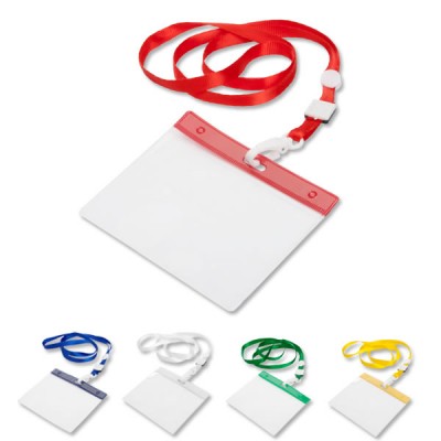 Tour de cou porte-badge et carte de visite avec lanyard de différents coloris : blanc, bleu, vert, jaune, rouge