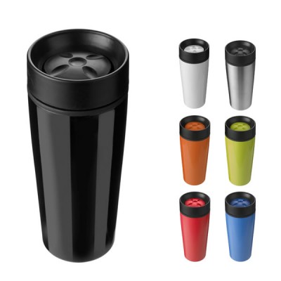 Mug isotherme thermos personnalisé, coloris : noir, argenté, blanc, bleu, vert, orange, rouge, turquoise