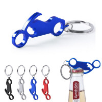 Porte-clés moto décapsuleur publicitaire personnalisé en métal noir, argent, bleu, rouge