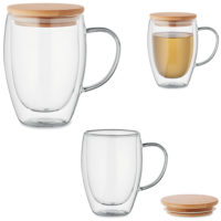 Mug en verre thé ou café avec couvercle en bambou personnalisable logo