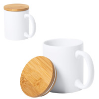 Mug blanc personnalisable avec couvercle en bambou oBjet publicitaire personnalisé
