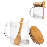 Mug en verre personnalisable avec cuillère et couvercle en bambou Objet publicitaire personnalisé