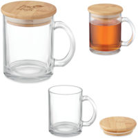 Mug en verre avec couvercle en bambou personnalisable avec votre logo