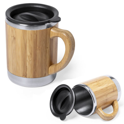 Mug en bambou personnalisable à double paroi intérieur acier inoxydable et extérieur bambou et couvercle en plastique Livré sous boite individuelle Contenance : 300 ml Matière : Bambou / Acier inoxydable / Plastique Dimensions : diam 8 x 10,5 cm Personnalisation en 1 couleur de votre logo sur l'article Mug publicitaire idéal comme objet publicitaire, cadeau d'affaire, cadeau entreprise, goodies événementiel ou mug personnalisé publicitaire