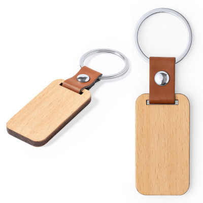 Porte-clés en bois et similicuir rectangulaire publicitaire personnalisable