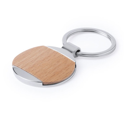 Porte-clés rond en bois et métal personnalisable publicitaire