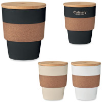 Gobelet mug personnalisable logo en plastique avec couvercle en bambou et bande liège