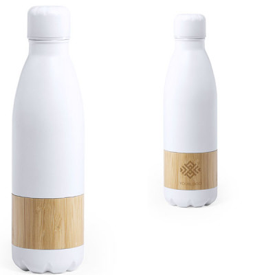 Grande bouteille blanche aluminium et bambouen aluminium pour bureau personnalisable publicitaire