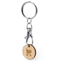 Porte-clés jeton de caddie en bambou et métal personnalisé logo et texte par gravure laser
