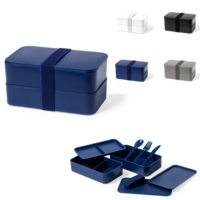 Boite à repas avec deux compartiments et couverts personnalisé logo et texte. Lunch box personnalisable entreprise.