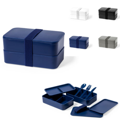 Boite à repas avec deux compartiments et couverts personnalisé logo et texte. Lunch box personnalisable entreprise.