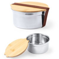 Boite à repas en métal ronde avec couvercle en bambou personnalisée logo et texte. Boîte à lunch personnalisable.