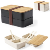 Lunch box avec 2 compartiments et couverts personnalisée logo et texte. Boîte à repas double compartiments personnalisable.