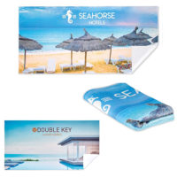 Serviette microfibre imprimée photo, illustration, logo ou texte. Serviette plage ou piscine microfibre personnalisée photo publicitaire.